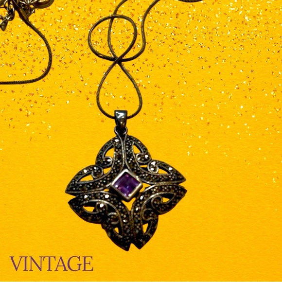 Vintage Amethyst & Marcasite Silver Pendant Necklace - Picture 4 of 7